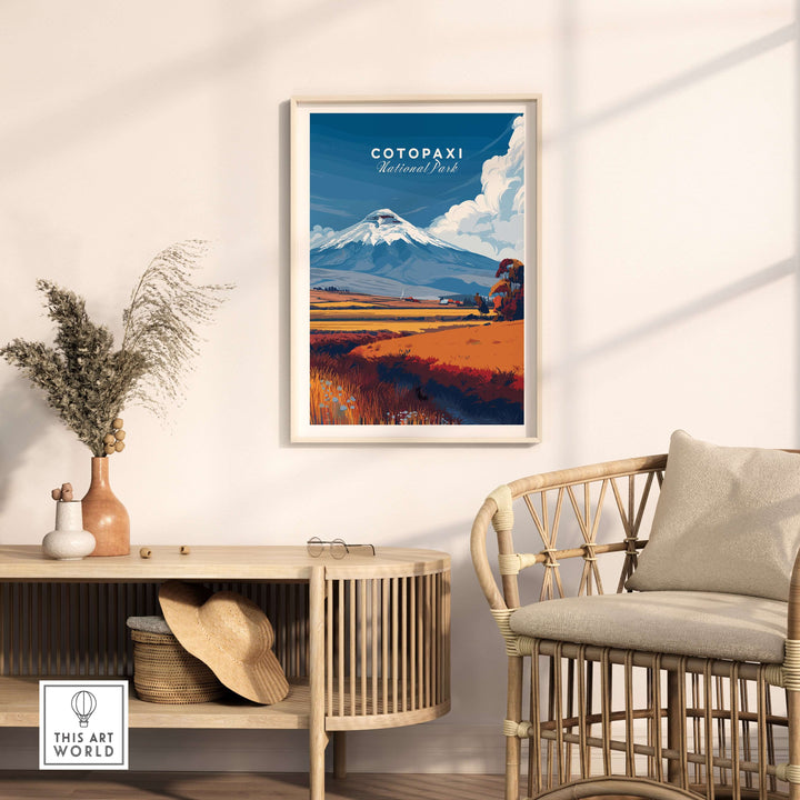 Cotopaxi National Park travel print featuring the volcanic landscape and high-altitude plains in a stylish home decor setting.