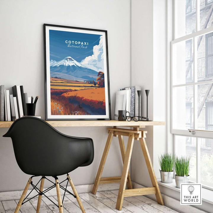 Framed Cotopaxi National Park travel print featuring the Cotopaxi volcano landscape in a stylish office setting.