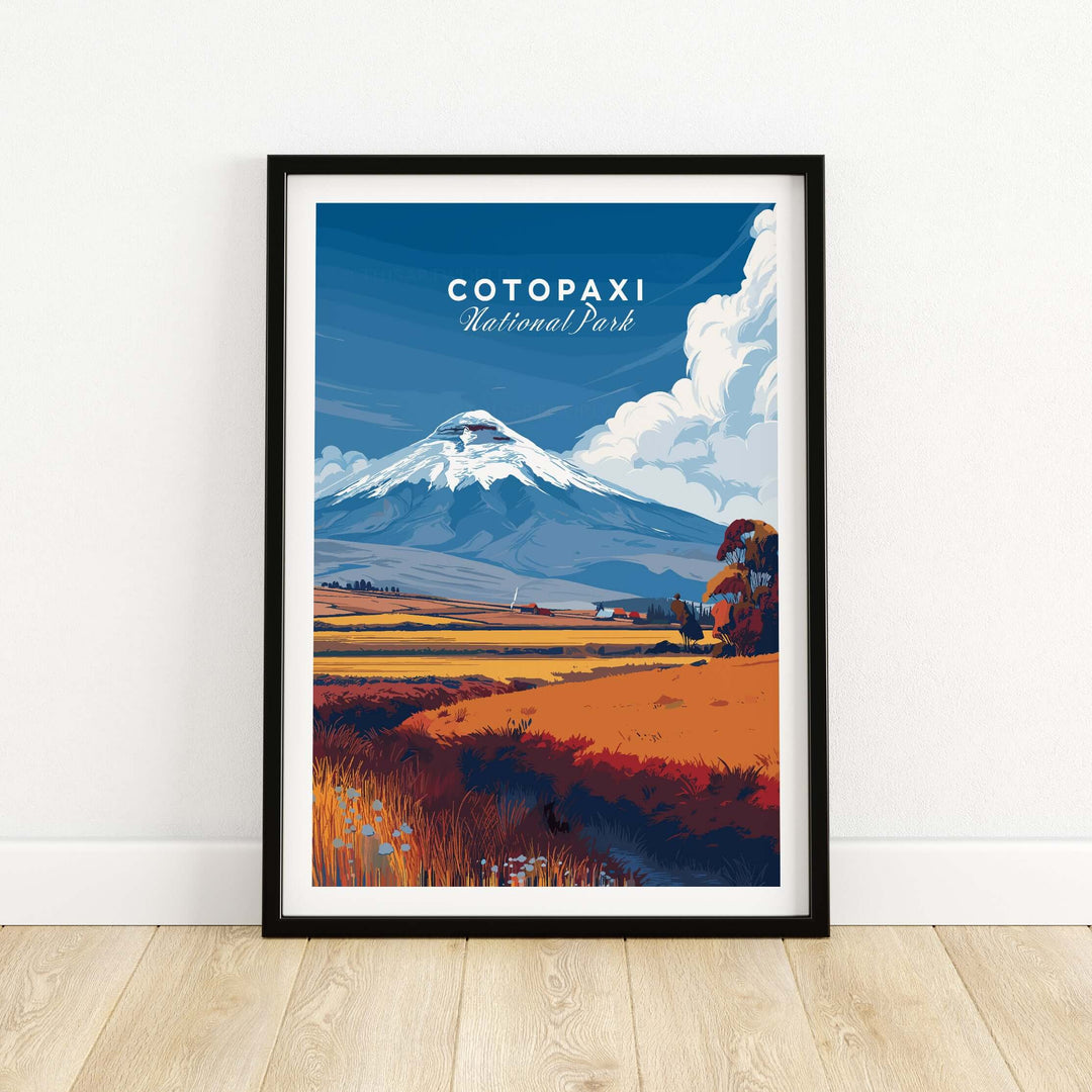 Cotopaxi National Park travel print featuring Cotopaxi volcano, vibrant plains, and blue sky, perfect wall art decor.