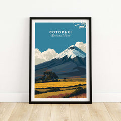 Cotopaxi National Park Travel Poster Ecuador Volcano Golden Field Print Wall Art showcasing Cotopaxi volcano and golden fields.