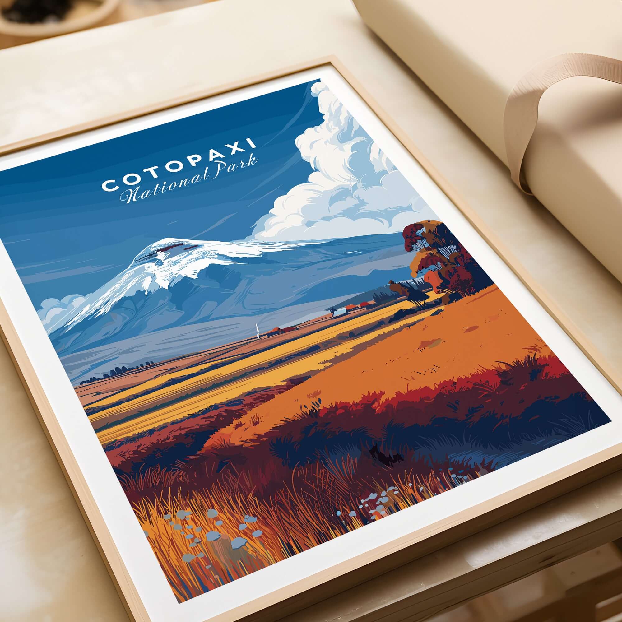 Cotopaxi National Park Ecuador Travel Print Volcano Landscape Poster Wall Art Decor featuring vibrant landscape and snow-capped volcano.
