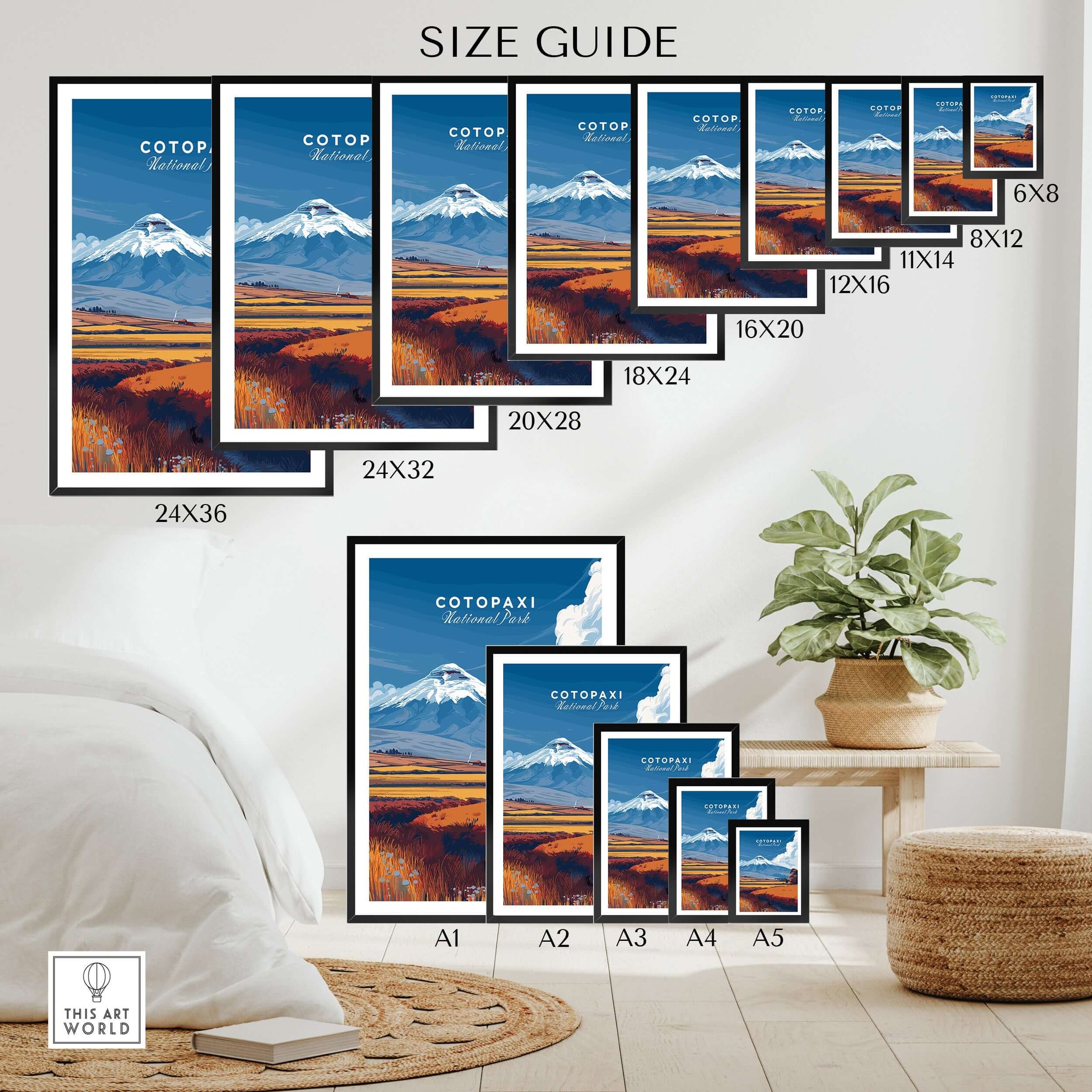 Cotopaxi National Park Ecuador Travel Print Volcano Landscape Poster Wall Art Decor size guide showcasing various frame sizes.