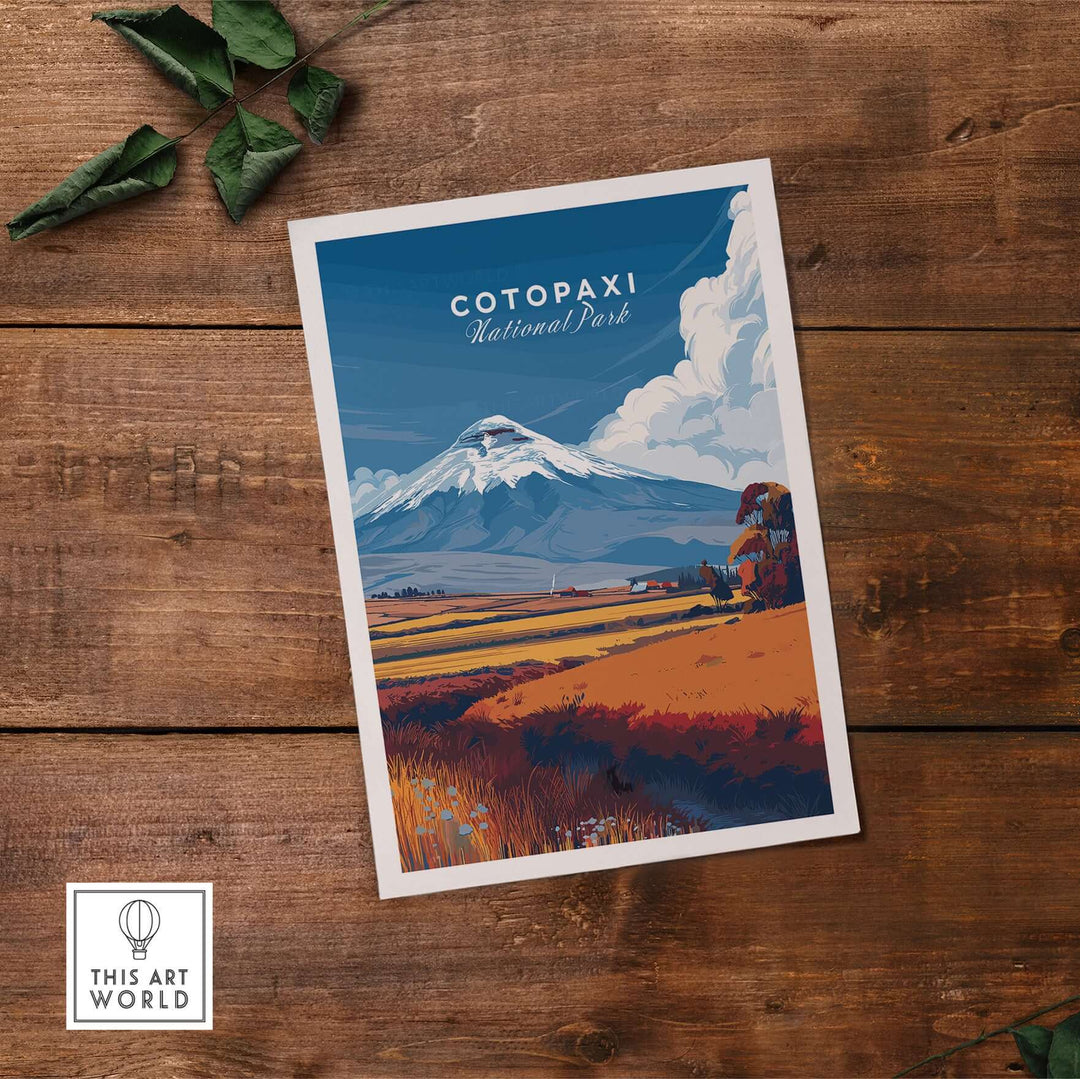 Cotopaxi National Park travel print poster featuring Cotopaxi volcano and vibrant Andean landscape.