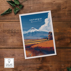 Cotopaxi National Park Ecuador Travel Print Volcano Landscape Poster Wall Art Decor featuring the iconic Cotopaxi volcano.