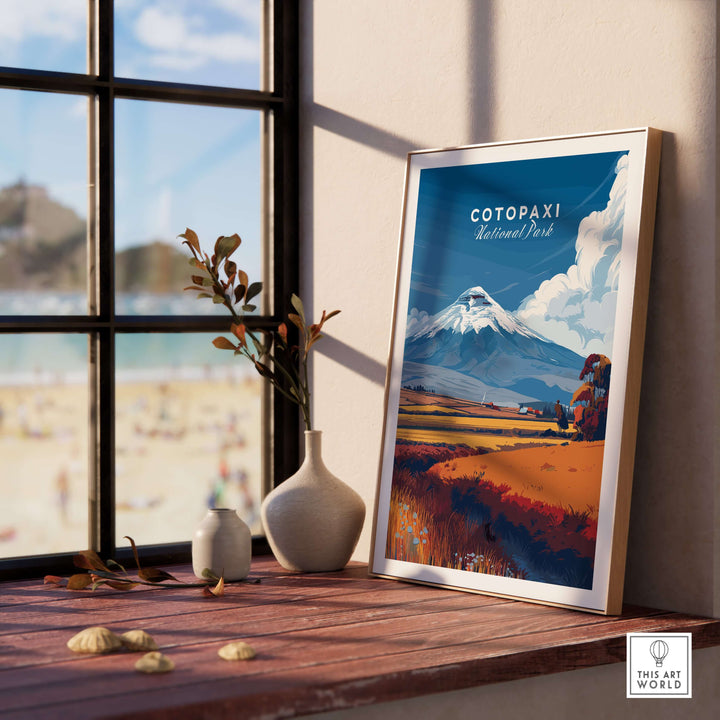Framed Cotopaxi National Park travel poster showcasing snow-capped volcano and colorful landscape.