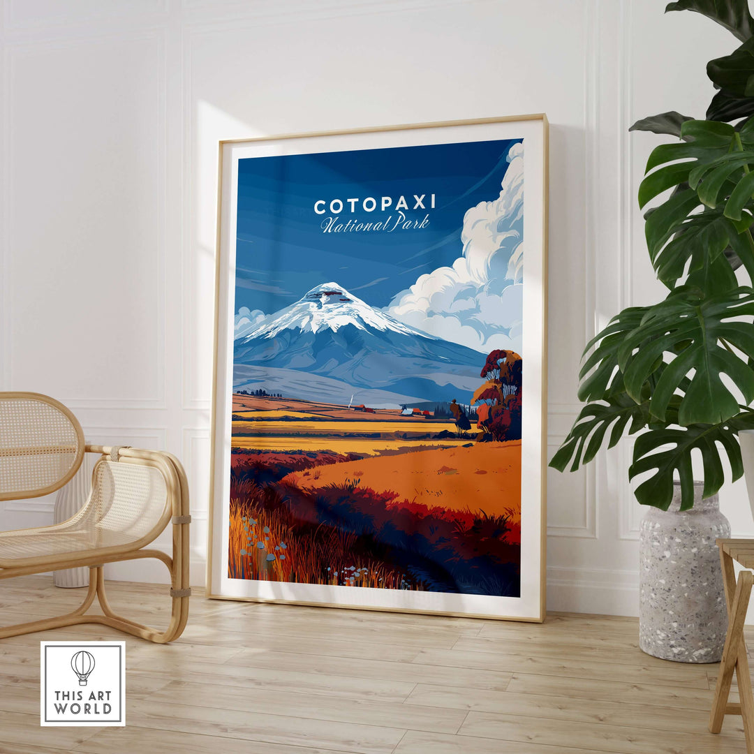 Cotopaxi National Park Ecuador travel print poster showcasing the Cotopaxi volcano and vibrant landscape wall art.