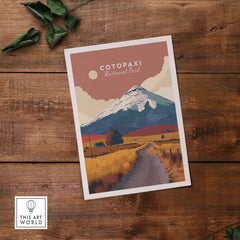 Cotopaxi National Park Ecuador Road Travel Print Volcano Landscape Poster Wall Art featuring a winding road and volcano background.
