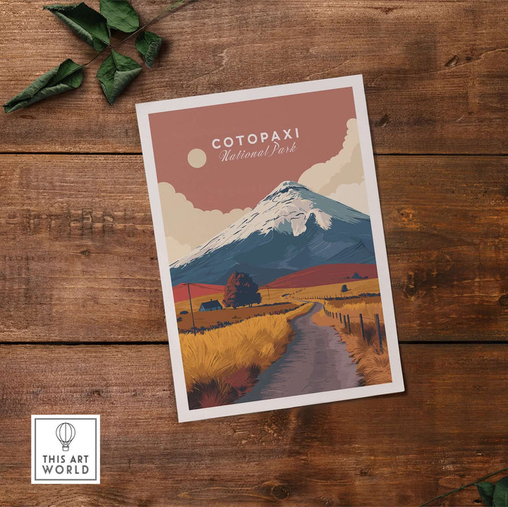 Cotopaxi National Park travel poster featuring a scenic road and snow-capped volcano in a serene landscape.