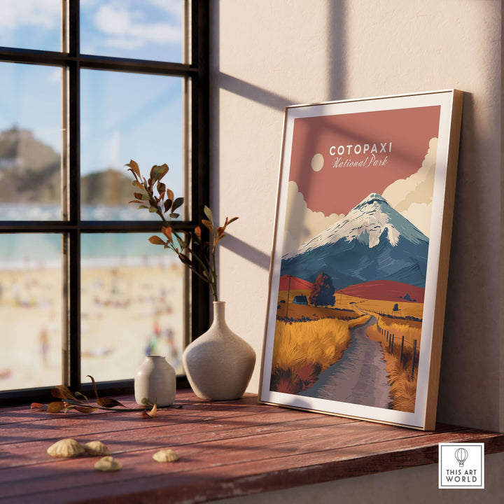 Cotopaxi National Park landscape print featuring a snow-capped volcano and rustic road, displayed in a cozy indoor setting.