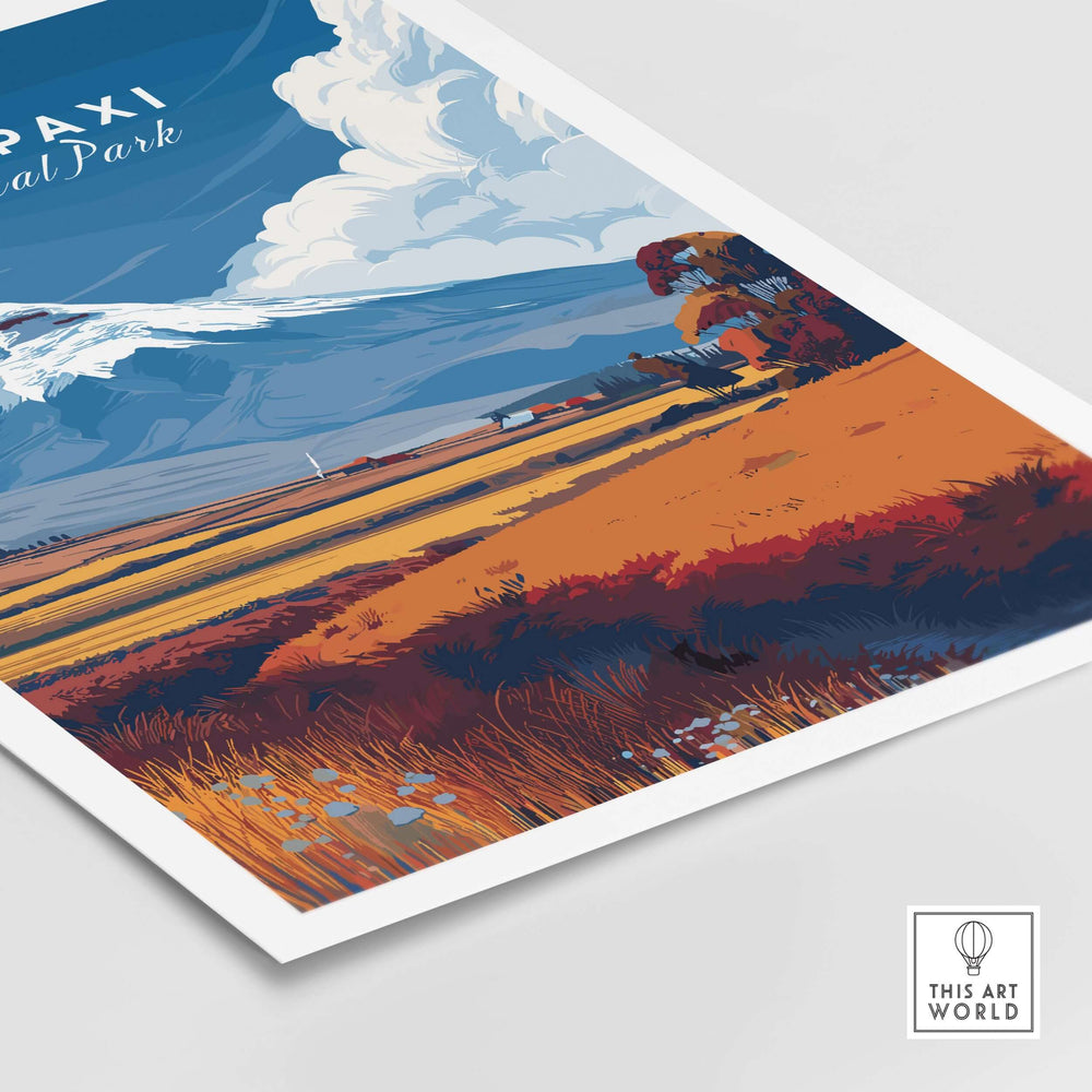 Cotopaxi National Park travel print poster featuring vibrant plains and dramatic clouds above the iconic volcano.