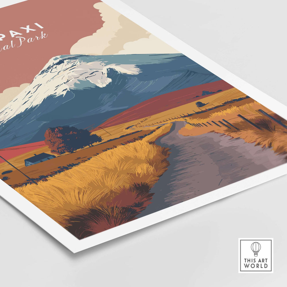 Cotopaxi National Park wall art print featuring a winding road and snow-capped volcano under a warm sky.