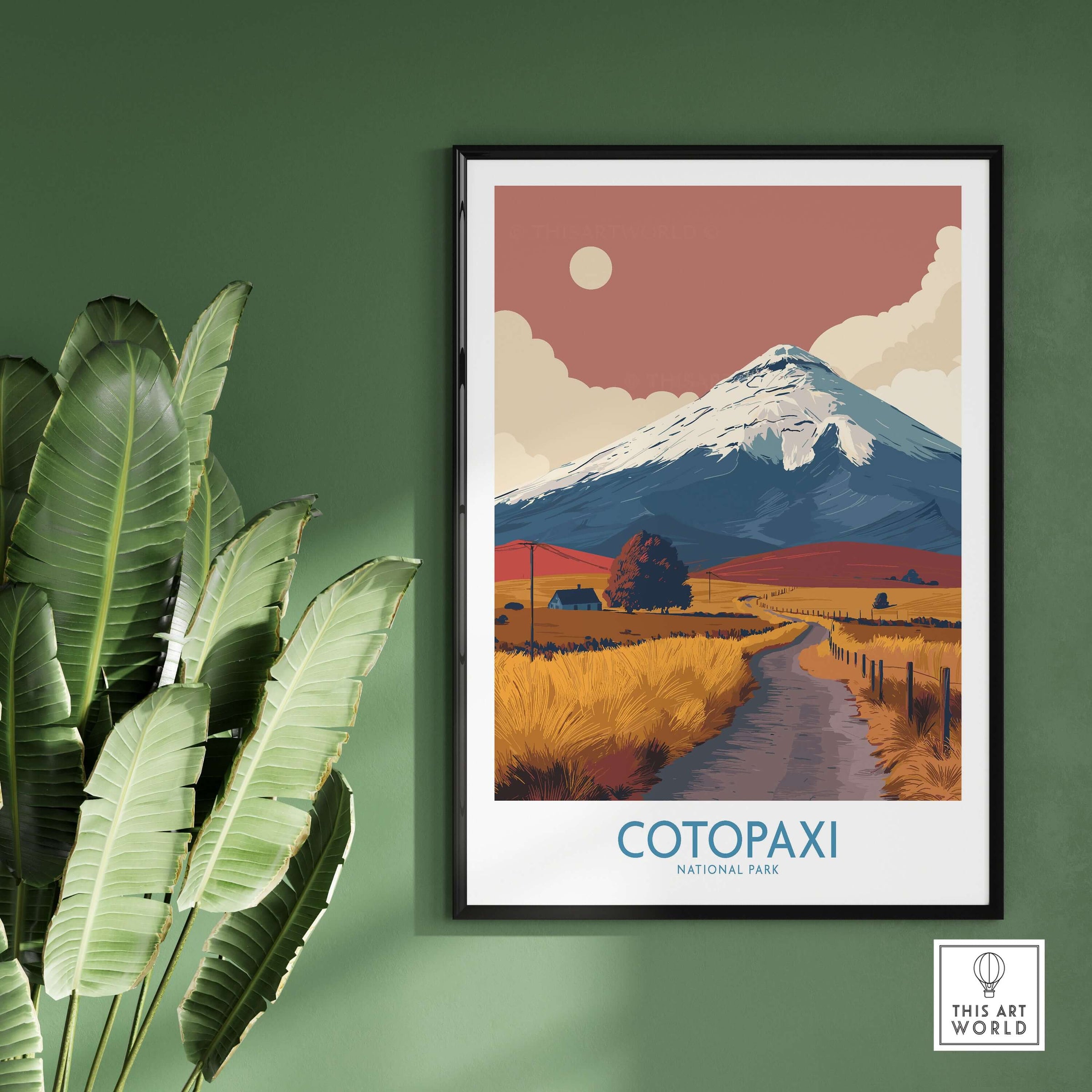 Ecuador Volcano Cotopaxi Travel Poster Road Landscape Print National Park Wall Art framed on a green wall with plants.