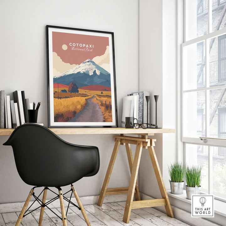 Cotopaxi National Park poster showcasing volcano landscape with road and hills in modern home office setting.