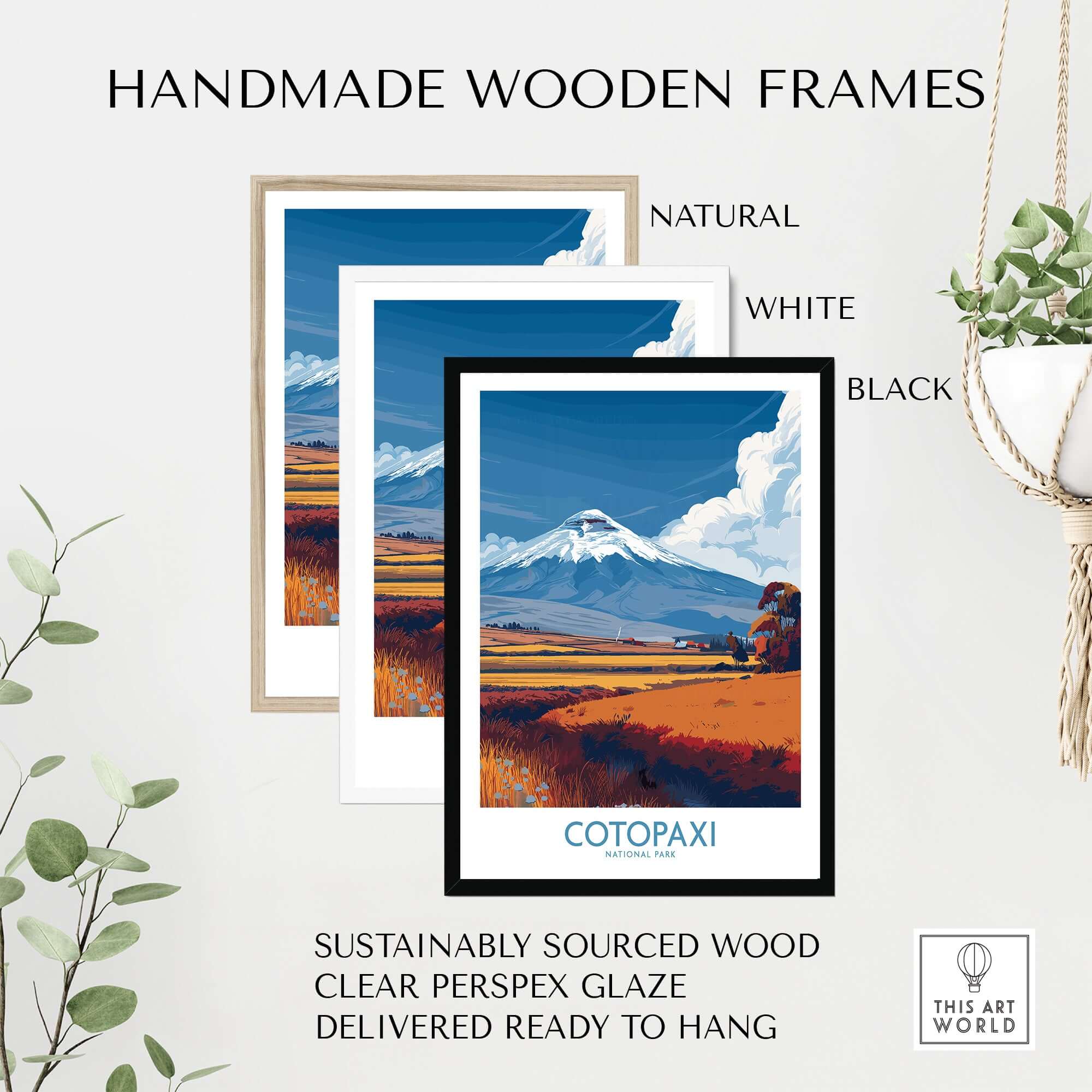 Handmade wooden frames for Ecuador Cotopaxi Volcano Travel Poster National Park Landscape Print Wall Art Andes.