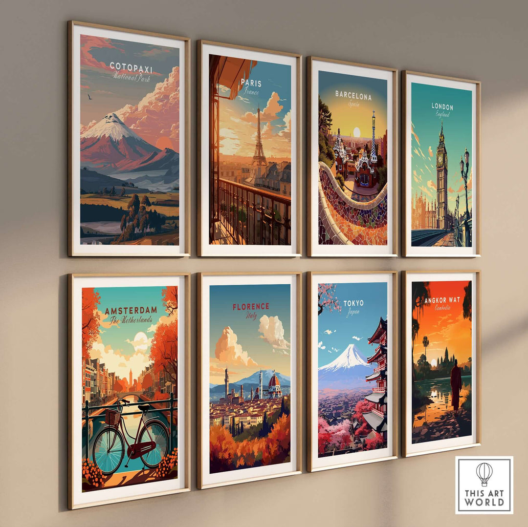 Gallery of travel posters featuring Cotopaxi, Paris, Barcelona, London, Amsterdam, Florence, Tokyo, and Angkor Wat.