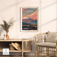 Cotopaxi National Park Sunset Print Ecuador Volcano Travel Poster Landscape Wall Art displayed in a modern living room.