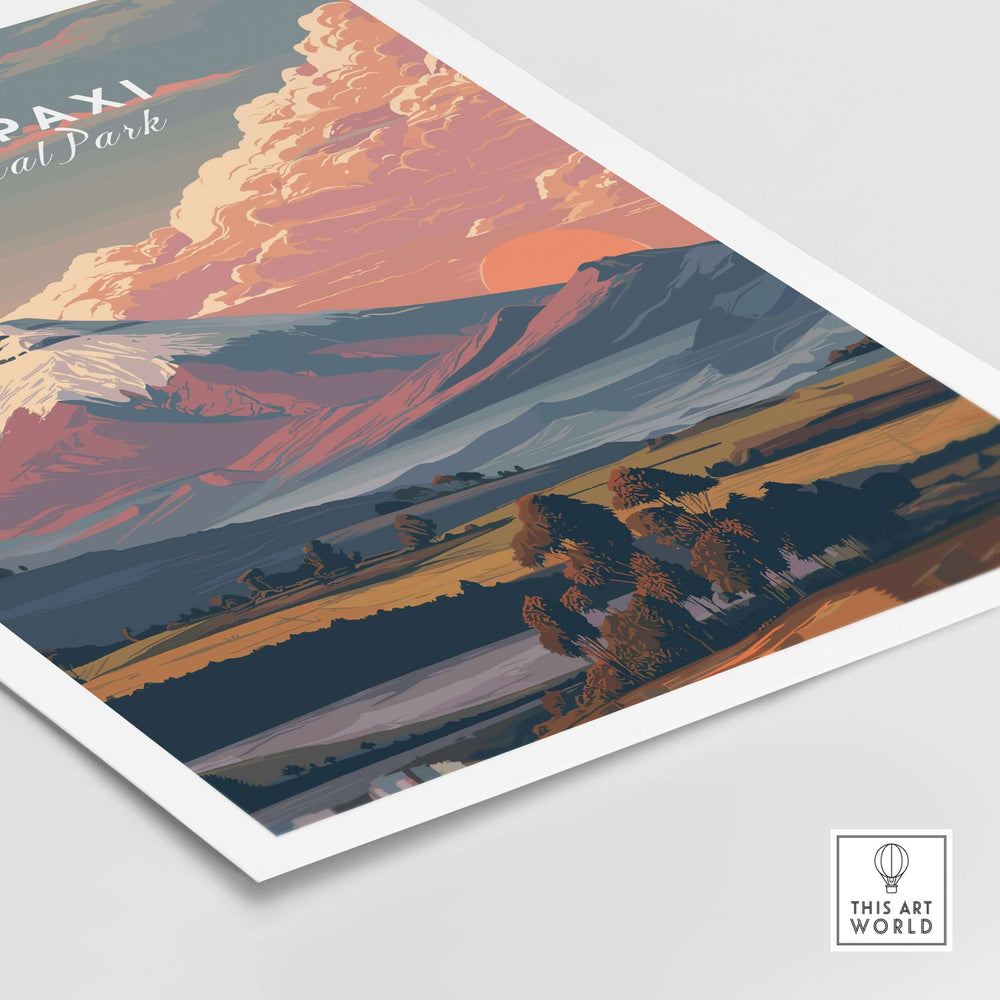 Cotopaxi National Park sunset print featuring a colorful volcano landscape and serene valley view.