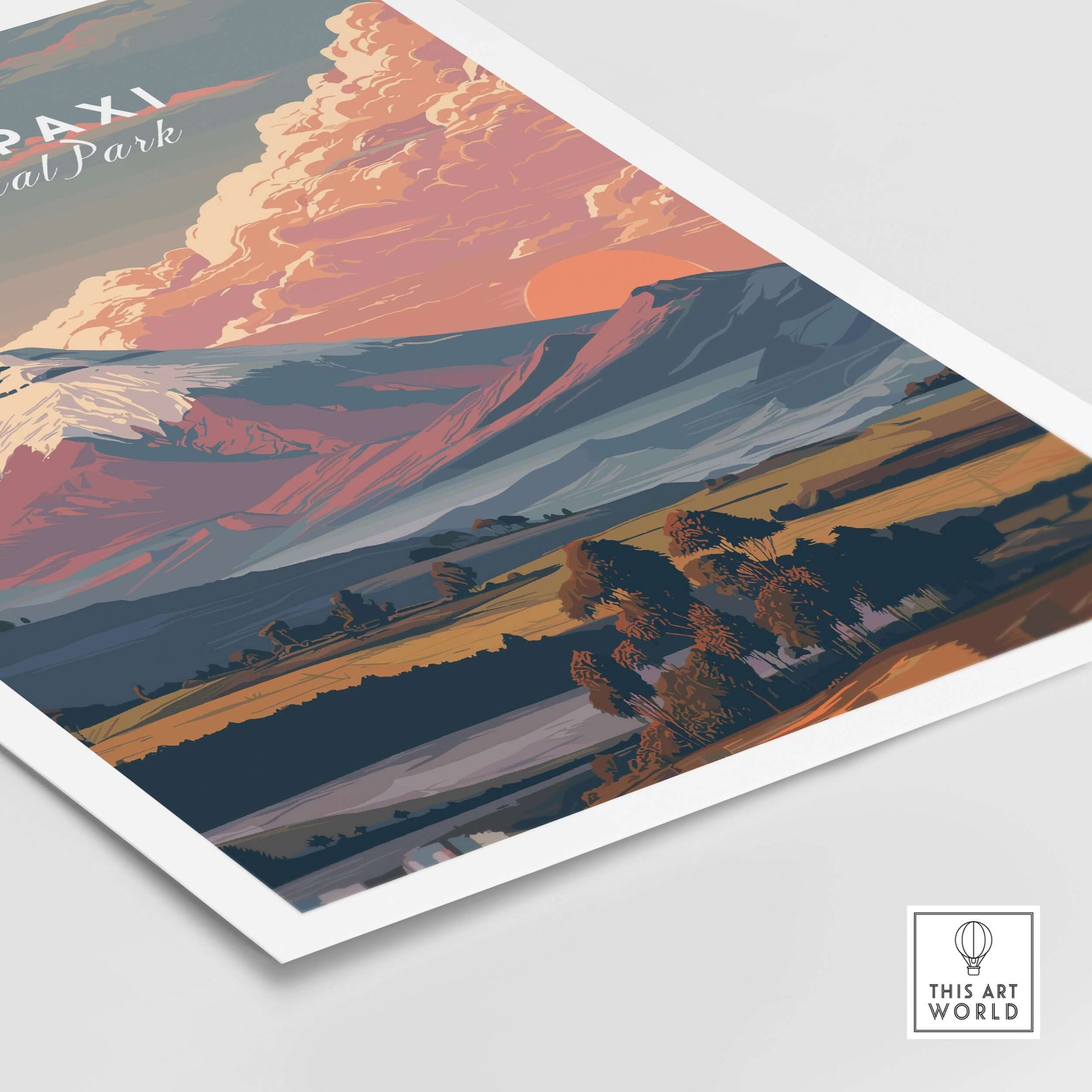 Cotopaxi National Park Sunset Print Ecuador Volcano Travel Poster Landscape Wall Art featuring a colorful landscape.