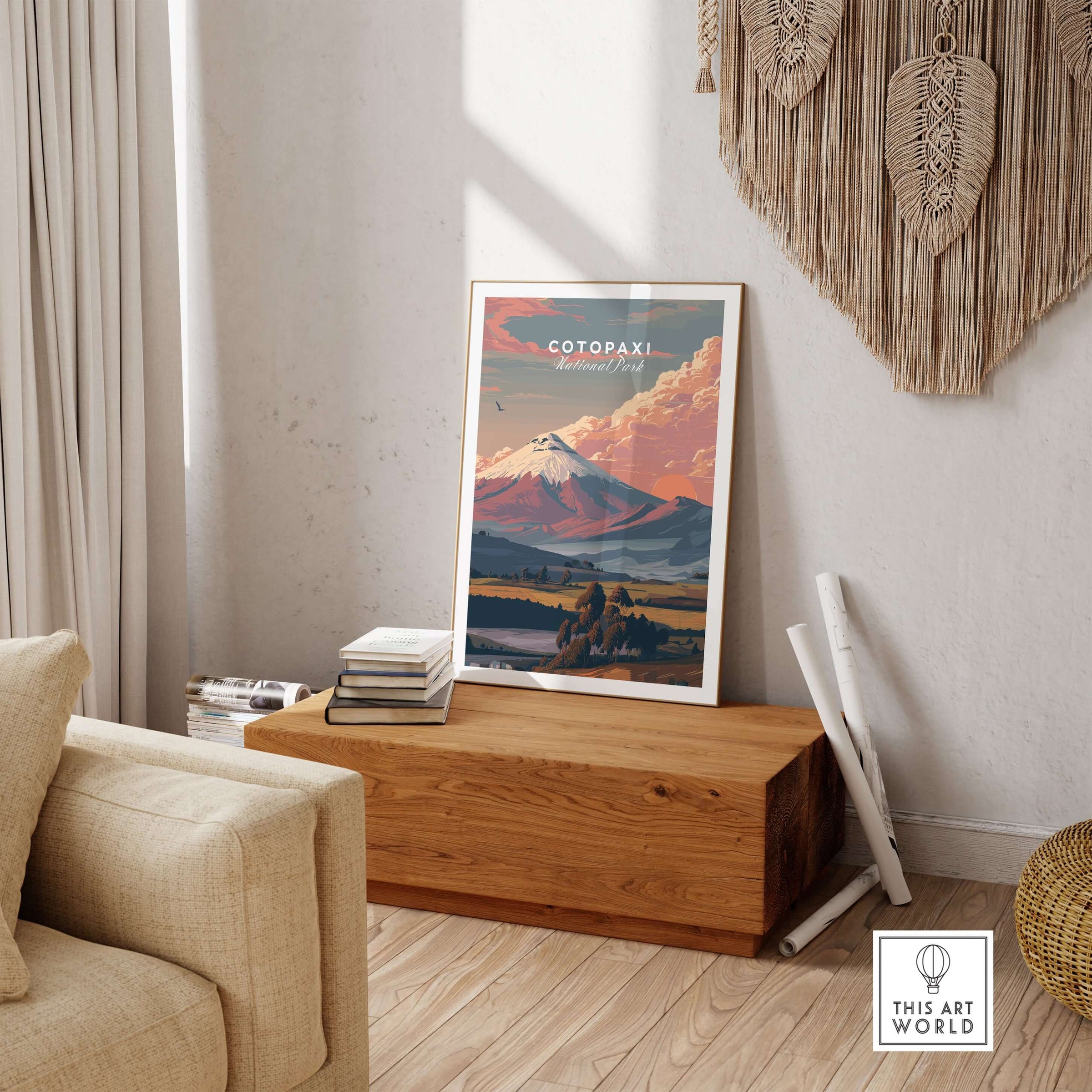 Cotopaxi National Park Sunset Print Ecuador Volcano Travel Poster Landscape Wall Art displayed in a stylish living room setting.