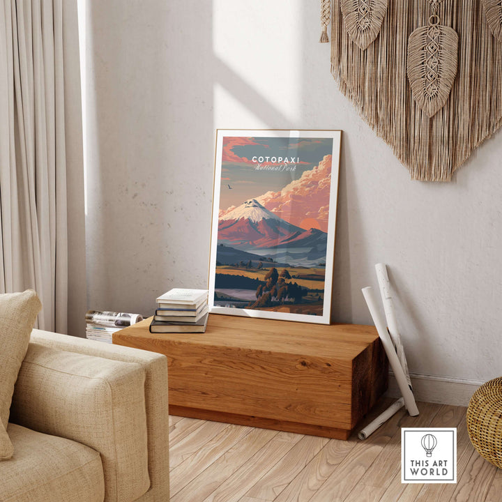 Cotopaxi National Park sunset print showcasing a volcano landscape in modern home decor setting.