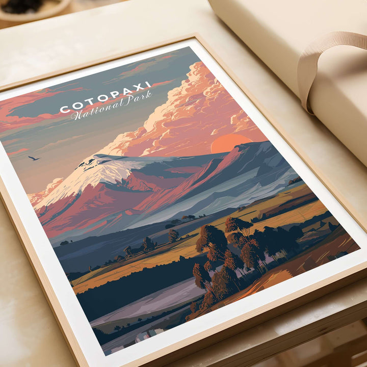 Cotopaxi National Park sunset print showcasing a colorful volcano landscape and serene valley.