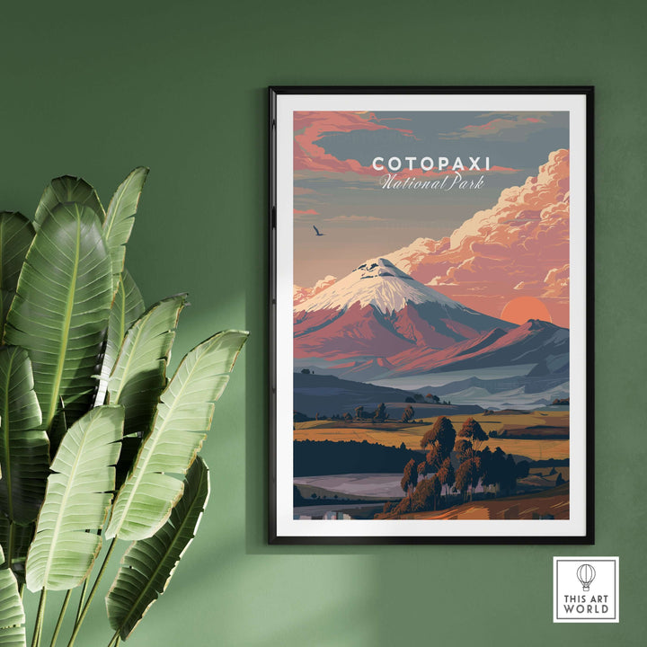 Cotopaxi National Park sunset print featuring a snow-capped volcano and vibrant clouds, ideal for wall art decor.
