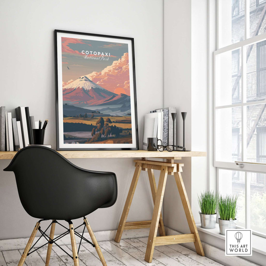 Cotopaxi National Park sunset print showcasing a volcano landscape in a stylish home office setting.