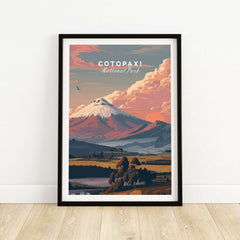 Cotopaxi National Park Sunset Print Ecuador Volcano Travel Poster Landscape Wall Art in a framed display.