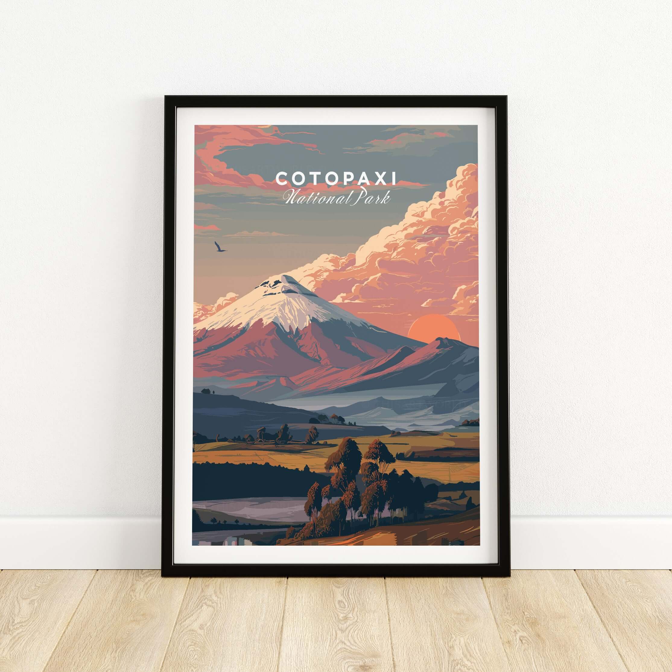 Cotopaxi National Park Sunset Print Ecuador Volcano Travel Poster Landscape Wall Art in a framed display.