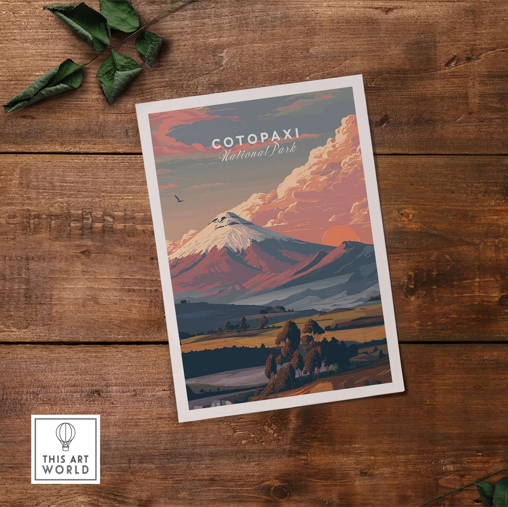 Cotopaxi National Park Sunset Print Ecuador Volcano Travel Poster Landscape Wall Art on wooden background.