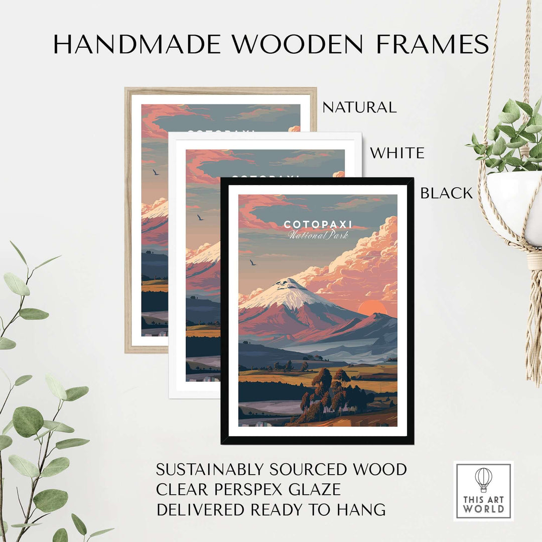 Handmade wooden frames in natural, white, and black for Cotopaxi National Park sunset print, ready to hang.