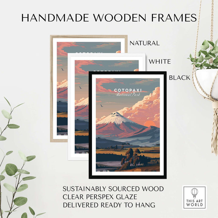Handmade wooden frames in natural, white, and black for Cotopaxi National Park sunset print, ready to hang.