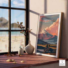 Cotopaxi National Park Sunset Print Ecuador Volcano Travel Poster Landscape Wall Art displayed in a bright room.