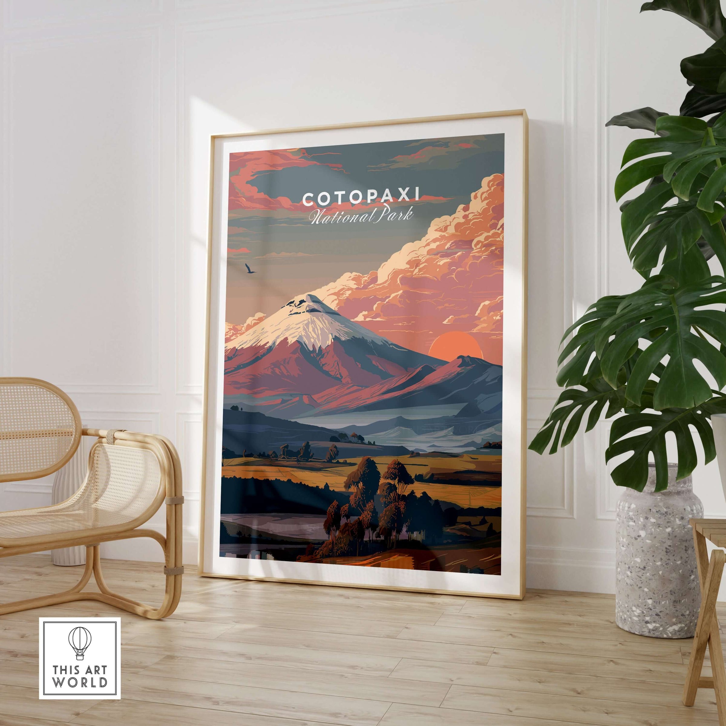 Cotopaxi National Park Sunset Print Ecuador Volcano Travel Poster Landscape Wall Art in a stylish interior setting.