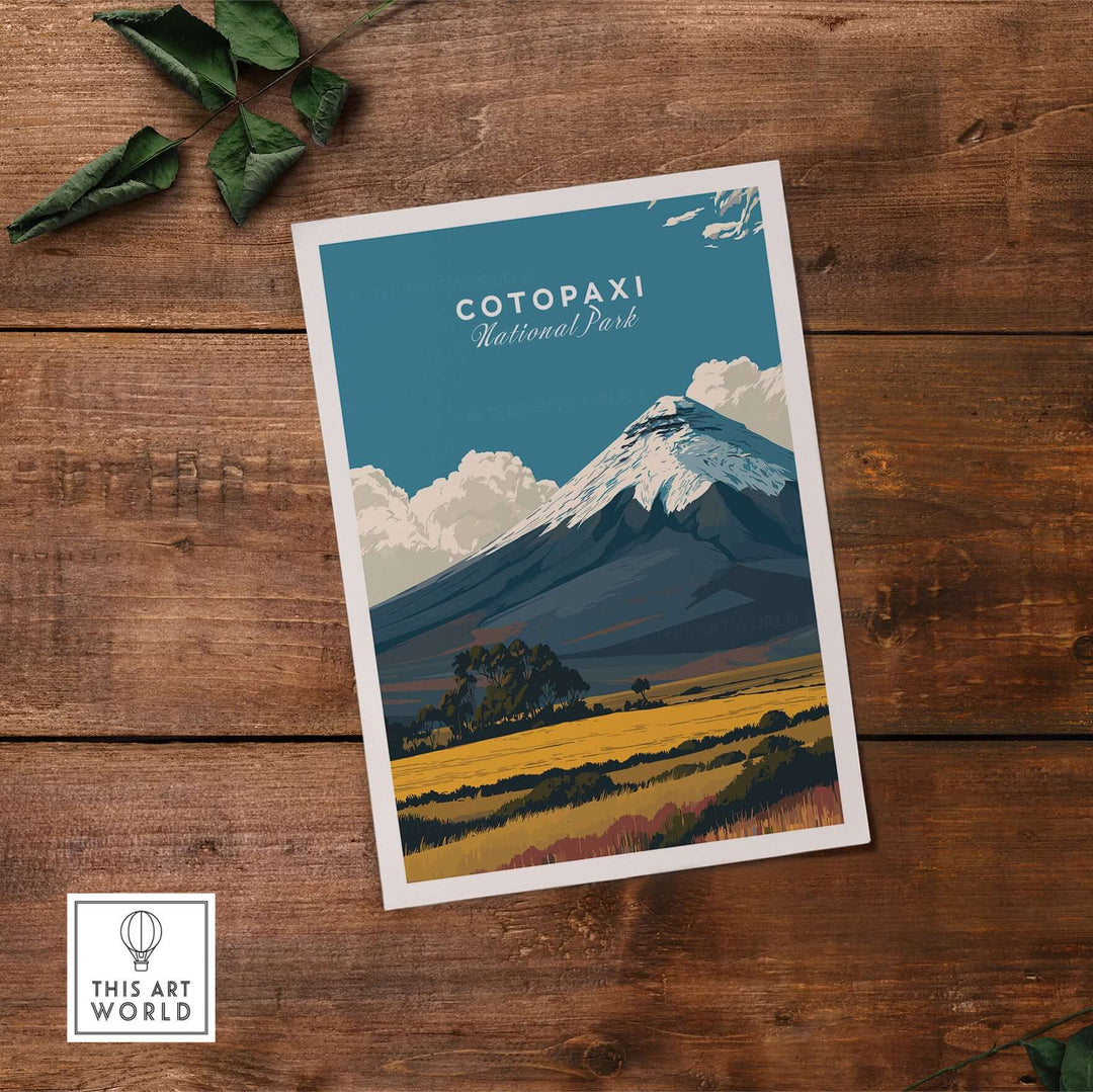 Cotopaxi National Park travel poster featuring snow-capped volcano and golden fields on a rustic wooden background.