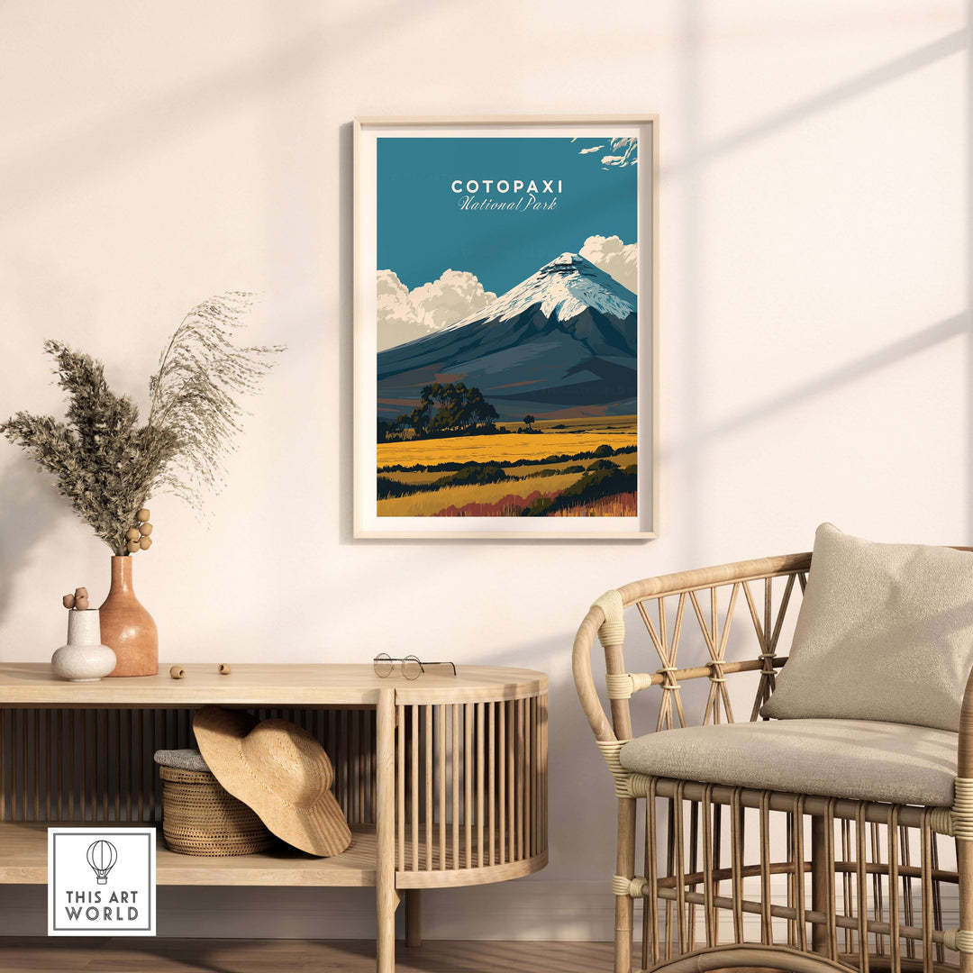 Cotopaxi National Park travel poster featuring volcano and golden field, framed and displayed in a stylish interior.