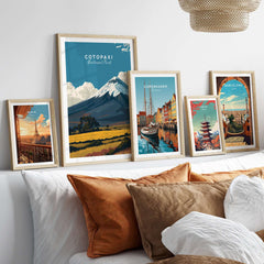 Cotopaxi National Park Travel Poster Ecuador Volcano Golden Field Print Wall Art displayed in stylish frames.
