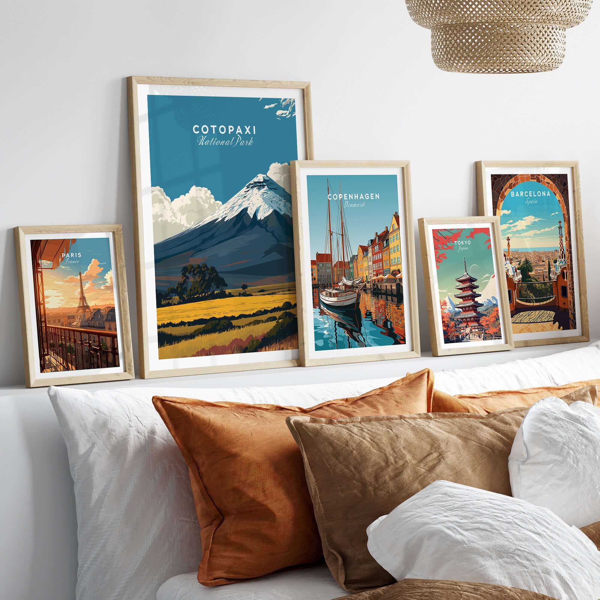 Cotopaxi National Park Travel Poster Ecuador Volcano Golden Field Print Wall Art displayed in stylish frames.