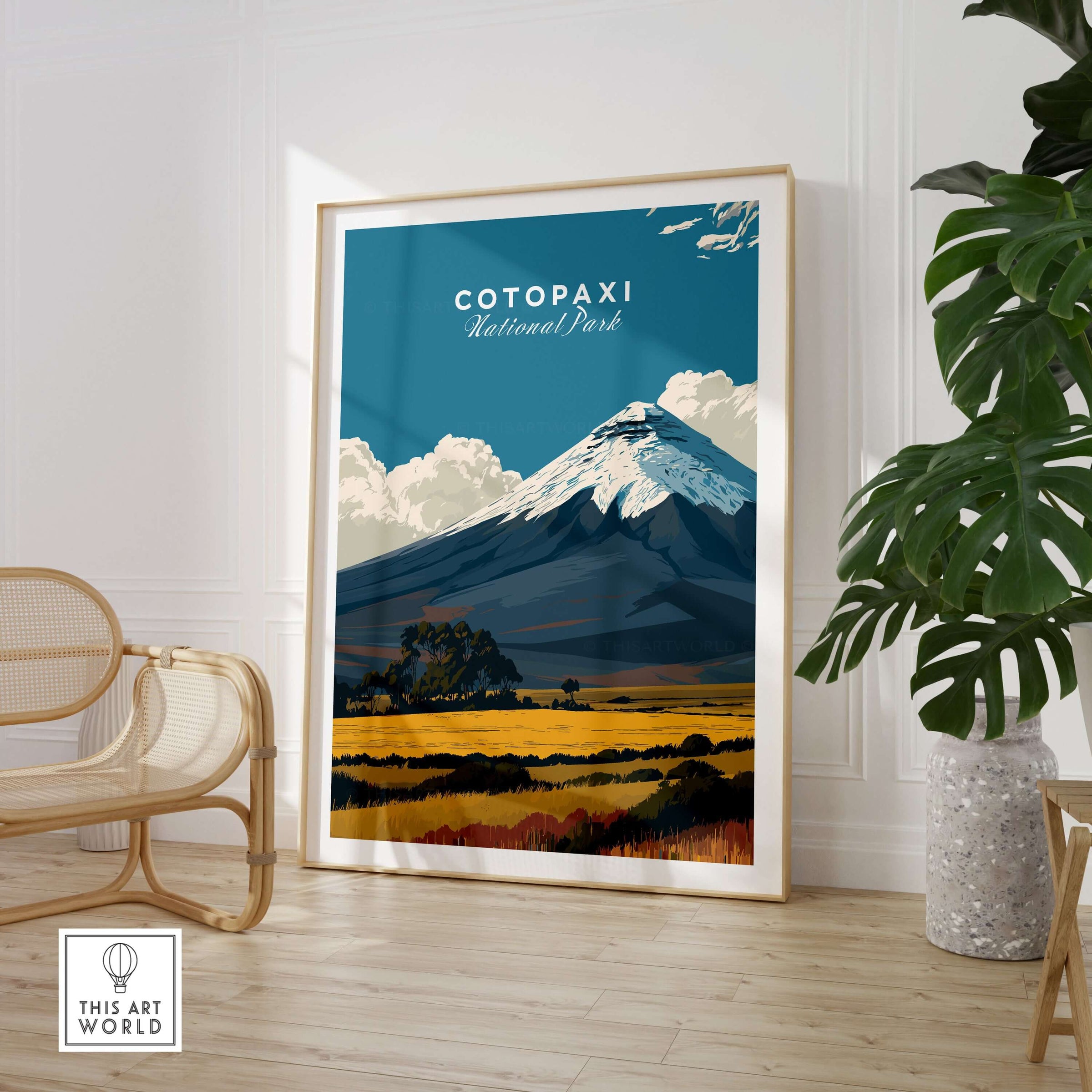 Cotopaxi National Park Travel Poster Ecuador Volcano Golden Field Print Wall Art displayed in a modern living room setting.