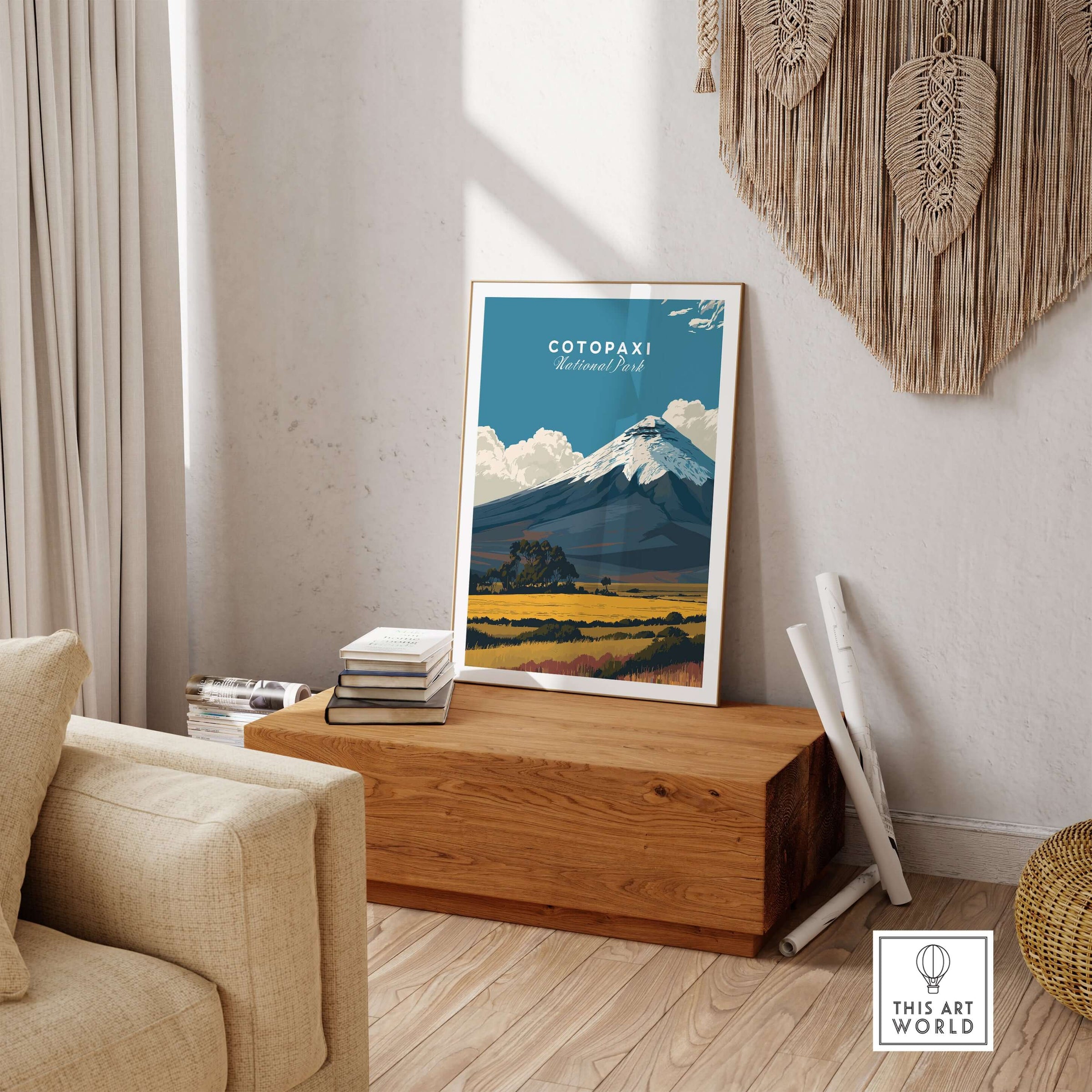 Cotopaxi National Park Travel Poster Ecuador Volcano Golden Field Print Wall Art displayed in a stylish living room.