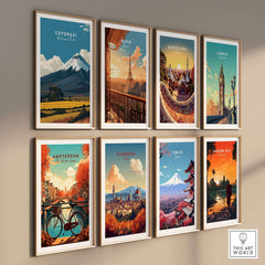 Cotopaxi National Park Travel Poster Ecuador Volcano Golden Field Print Wall Art displayed among other city travel posters.