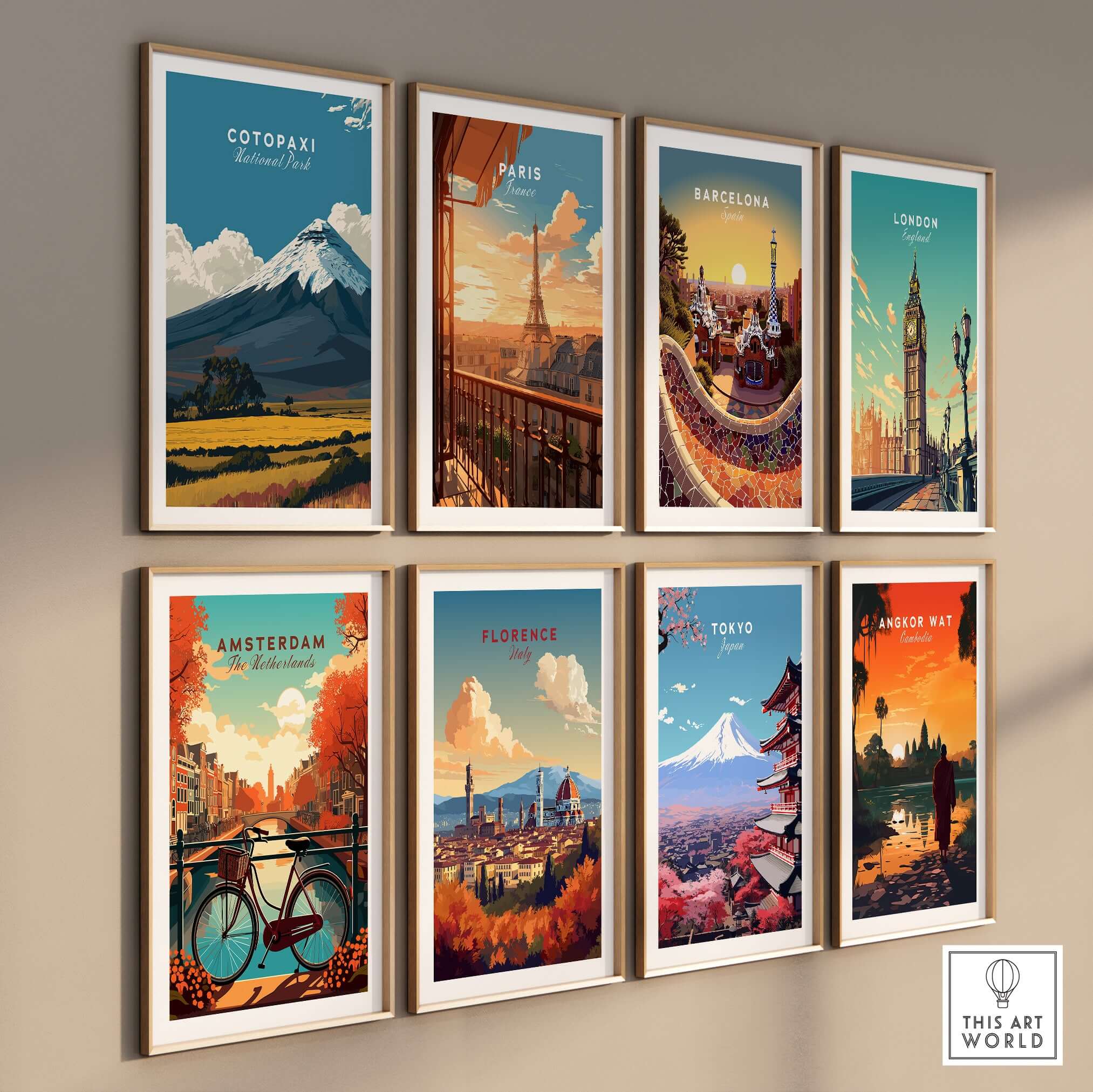 Cotopaxi National Park Travel Poster Ecuador Volcano Golden Field Print Wall Art displayed among other city travel posters.