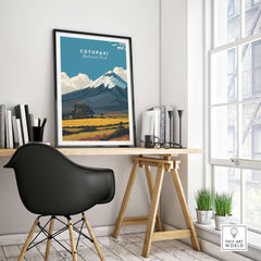 Cotopaxi National Park Travel Poster Ecuador Volcano Golden Field Print Wall Art displayed in a modern interior.