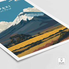 Cotopaxi National Park Travel Poster Ecuador Volcano Golden Field Print Wall Art featuring a snow-capped volcano and golden field.