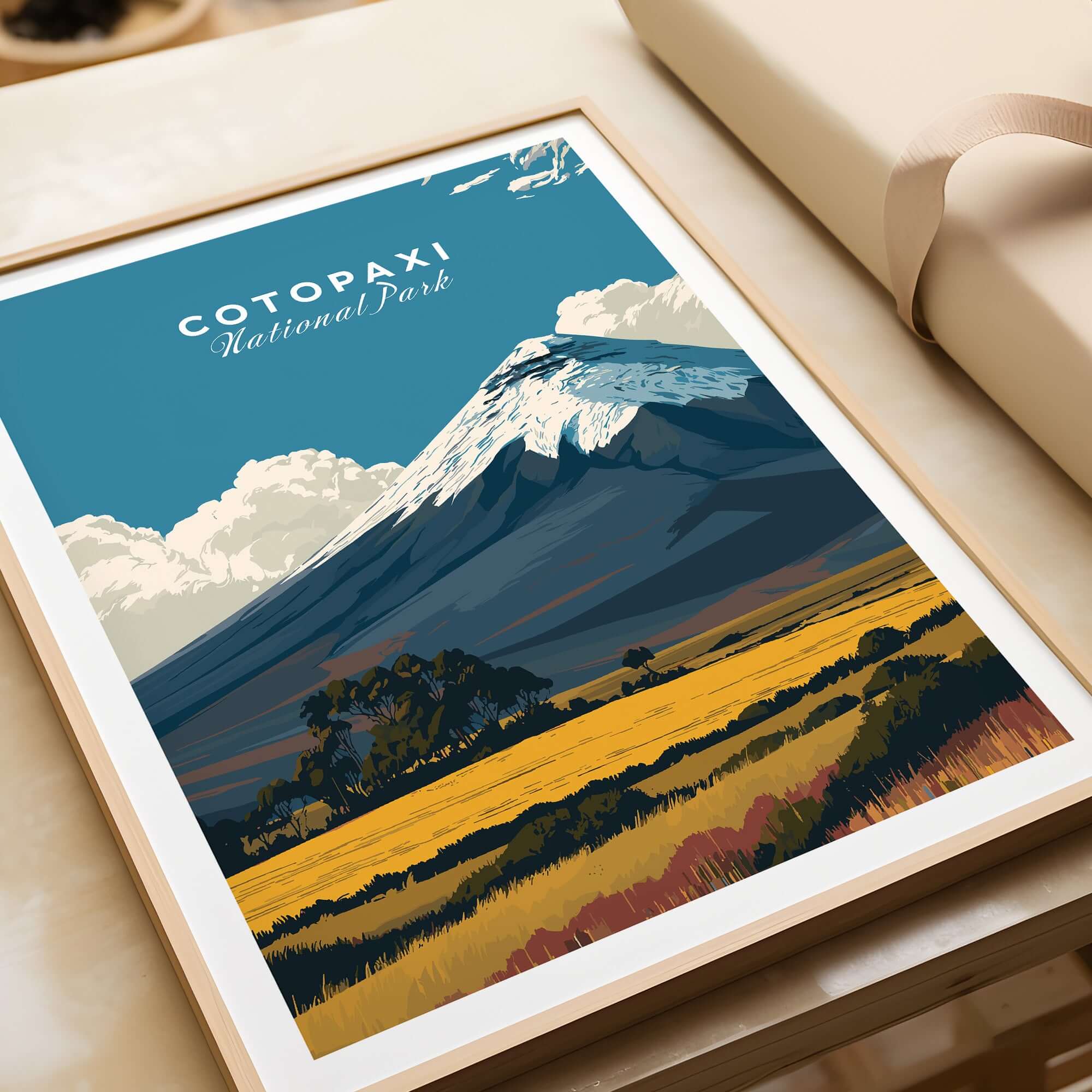 Cotopaxi National Park Travel Poster Ecuador Volcano Golden Field Print Wall Art showing a vibrant landscape with Cotopaxi volcano.