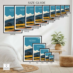 Cotopaxi National Park Travel Poster Ecuador Volcano Golden Field Print Wall Art size guide with various frame options.