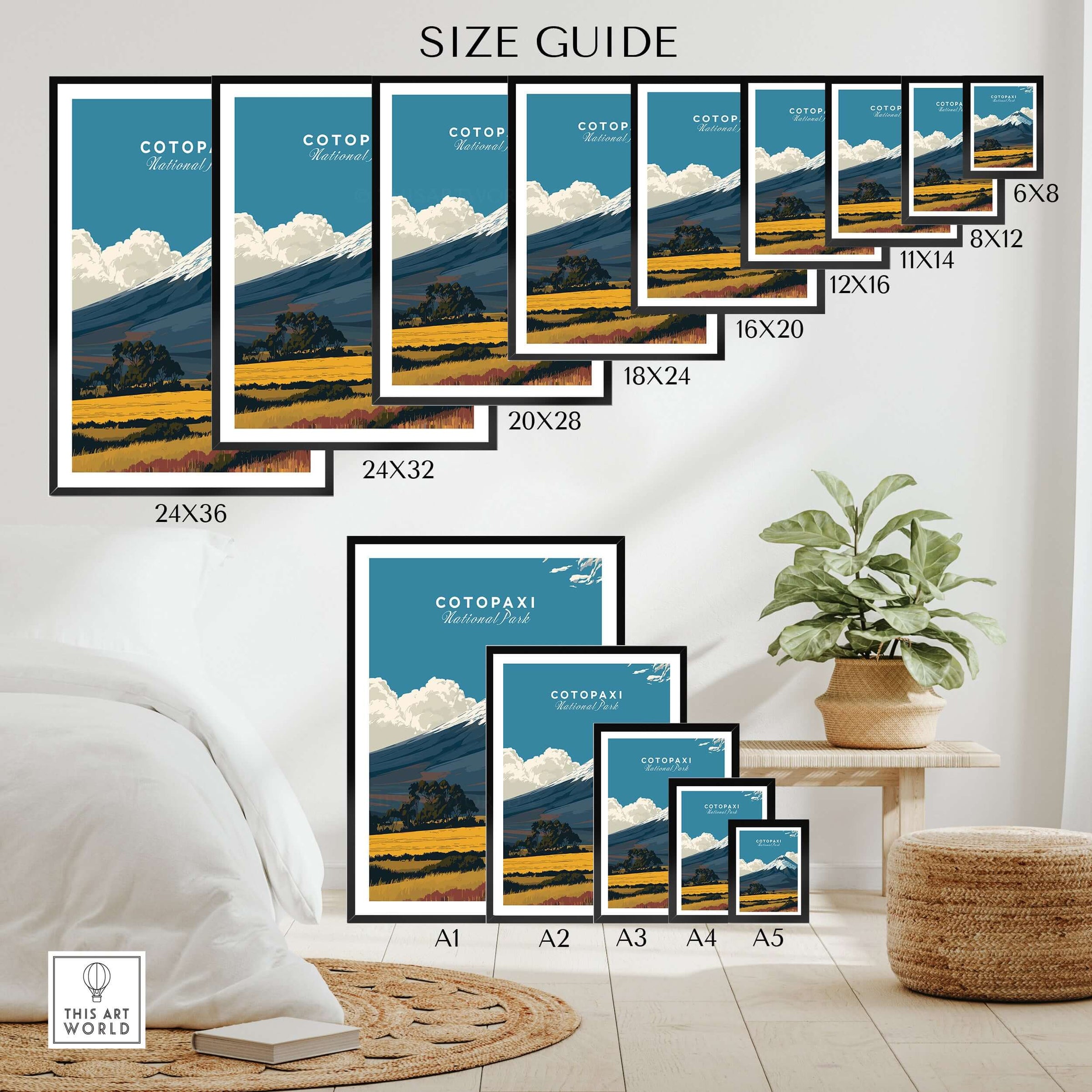 Cotopaxi National Park Travel Poster Ecuador Volcano Golden Field Print Wall Art size guide with various frame options.