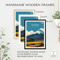 Handmade wooden frames for Cotopaxi National Park Travel Poster Ecuador Volcano Golden Field Print Wall Art.