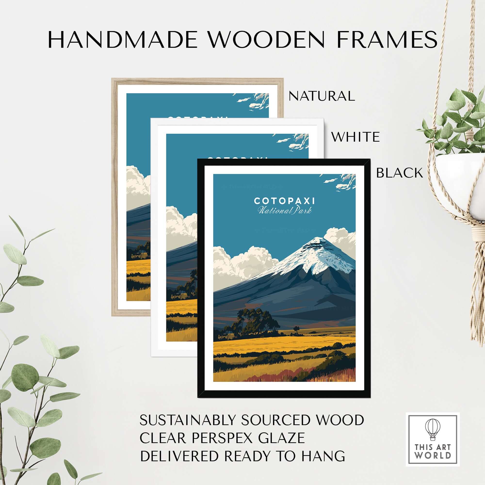 Handmade wooden frames for Cotopaxi National Park Travel Poster Ecuador Volcano Golden Field Print Wall Art.