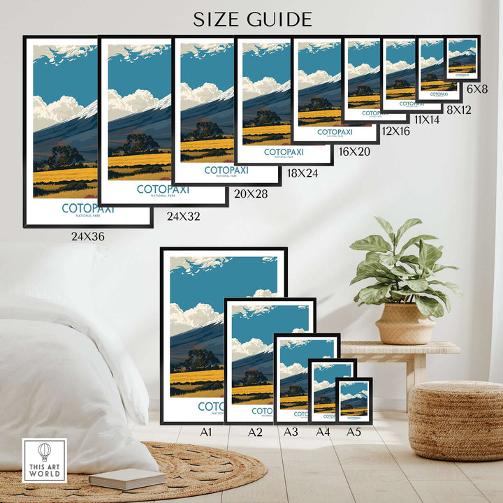 Size guide for Cotopaxi volcano wall art print featuring various dimensions and styles displayed in a stylish interior.